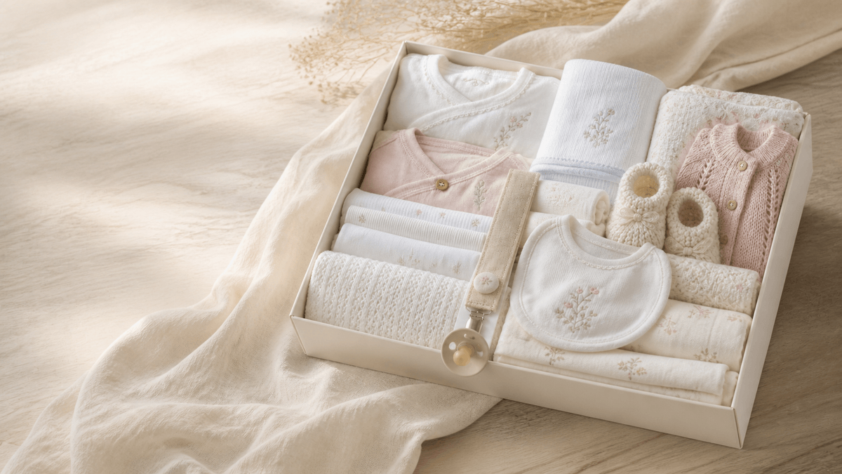 Baby Box con prendas y accesorios en tonos rosa y crudo