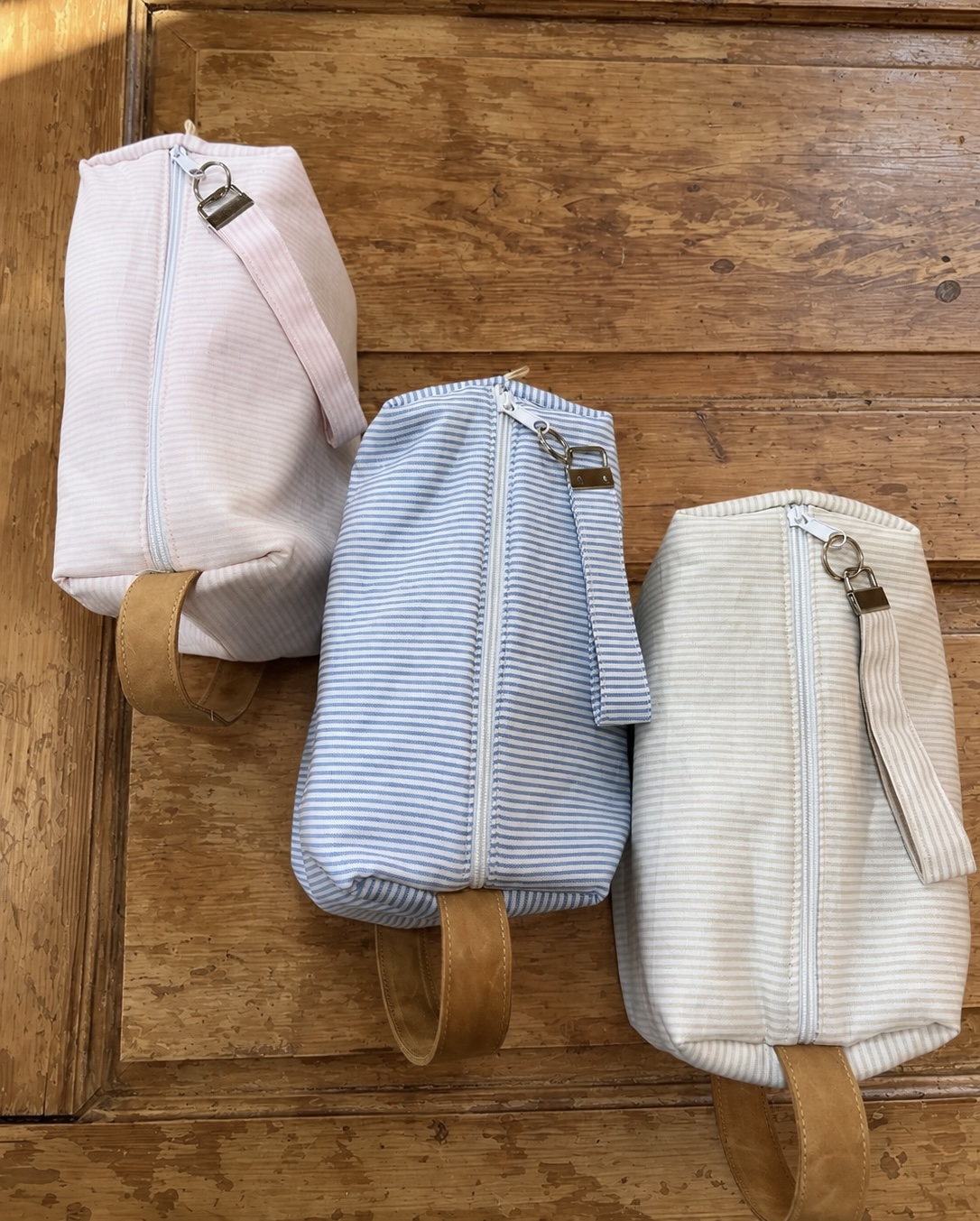 Neceser Porta todo mamá y bebé en rayas rosa, celeste y beige pastel